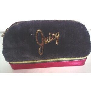 Black Juicy Makeup Cosmetic Jewelry Bag  Faux Fur Gold Lettering Metallic Pink